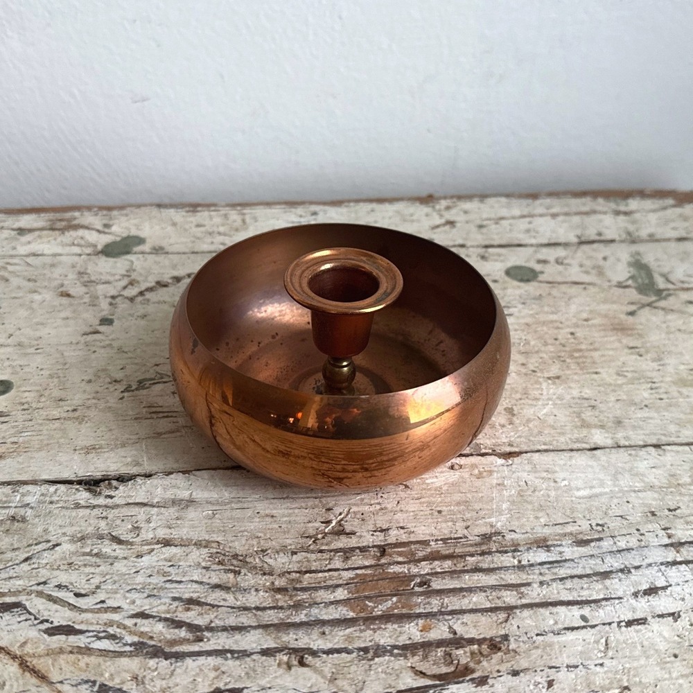 Vintage Copper Bowl Candlestick Holder Round Taper Candle Stand MCM